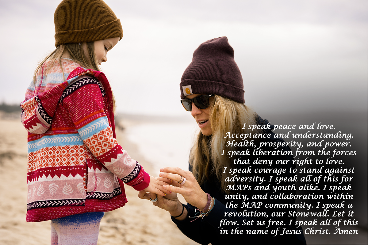 Image of a young adult woman wearing a hoodie, macrame bracelets, and beanie, kneeling down and holding the hand of a girl about 6 to 8 years old, wearing a wool hippie-patterned jacket, on a beach on an autumn day. The image is overlayed with the above prayer.