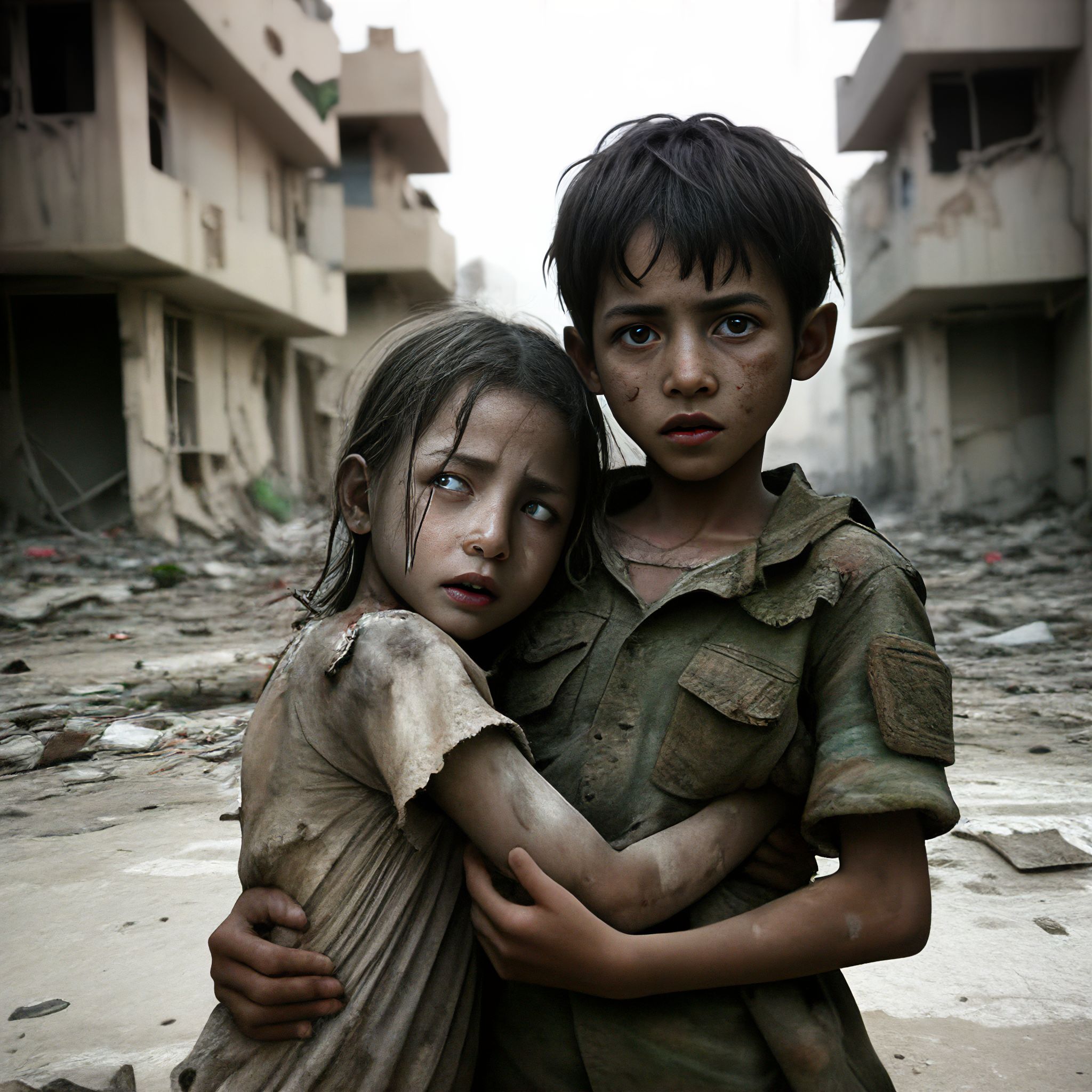 2 children, a girl and a boy in tattered, dirty clothes, with dirt on their faces and arms. The little girl is about 6 years old, and she is holding the boy very tightly around the waist, with a look of fear upon her face. The boy, about 8 years old, consoles the girl with an arm around her waist and his hand on her arm. He has a look of numbness on his face. They are standing in the ruins of a war-torn city, with debris and dust all around. 